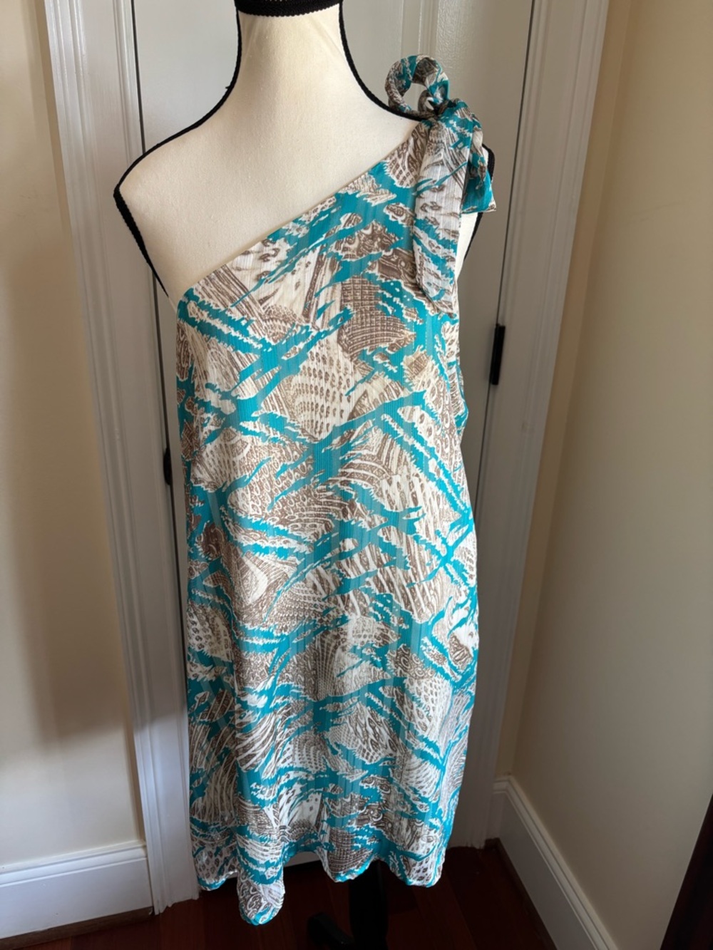 Perfect Beach Thread Teal and Brown One-Shoulder Dress Shell Mini Dress Size L